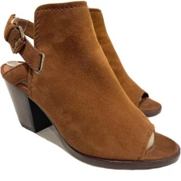 Frye Dani Shield Brown Suede Block Heel Slingback Peep-toe Sandals Size 7.5M - Picture 1 of 11